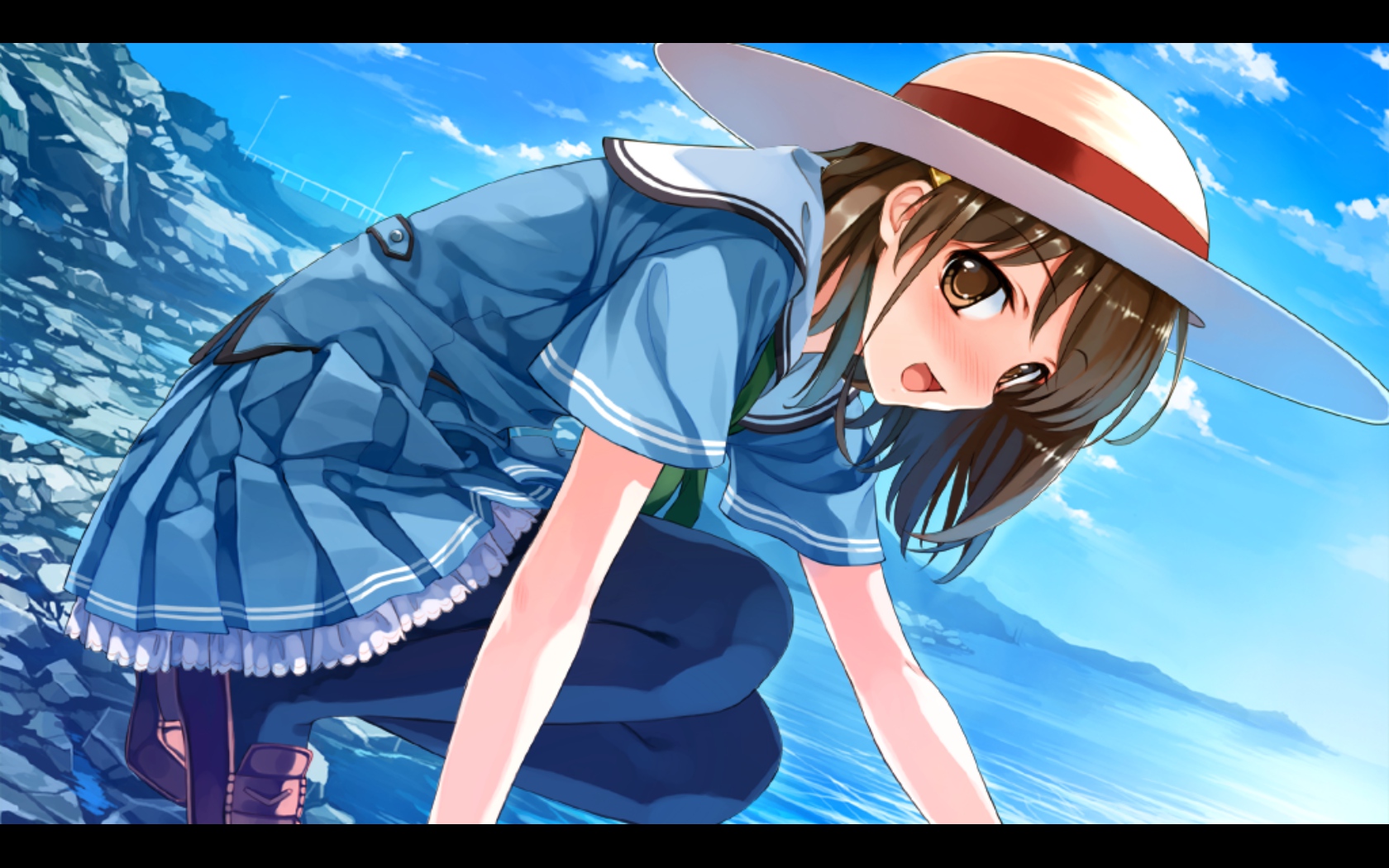 brown_eyes, brown_hair, deep_blue_sky_&_pure_white_wings, hat, misaki_kurehito, school_uniform, sky, tsuyazaki_kokage