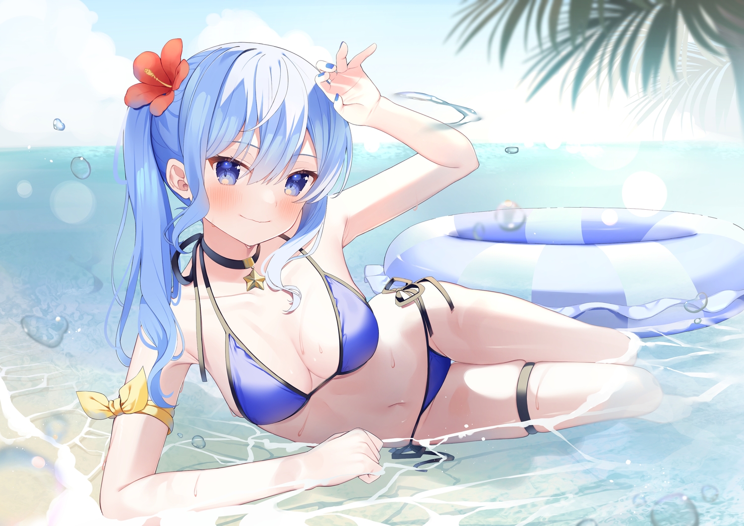 beach, bikini, blue_eyes, blue_hair, blush, breasts, choker, cleavage
