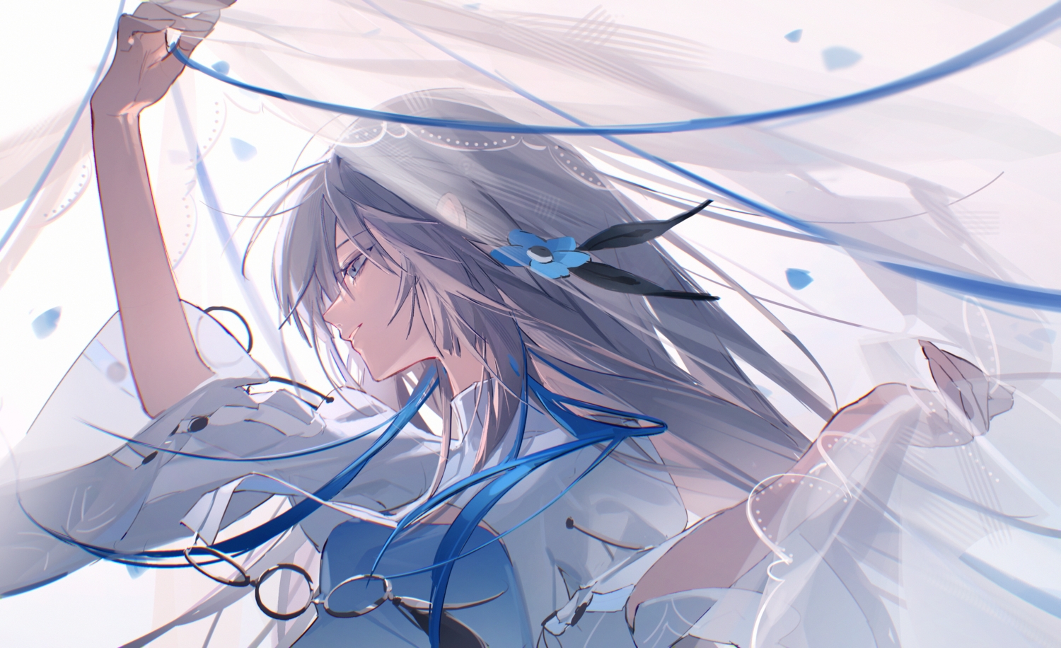 gray_eyes, gray_hair, isekaijoucho, kamitsubaki_studio, long_hair, nyansky, petals, ribbons