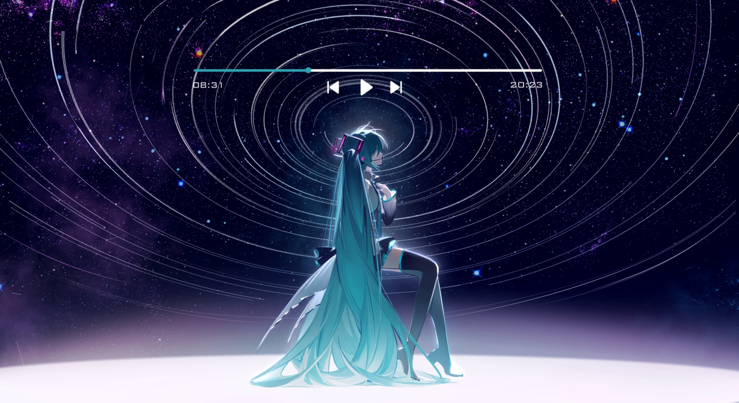 aqua_hair, boots, hatsune_miku, long_hair, microphone, nyansky, skirt, sky