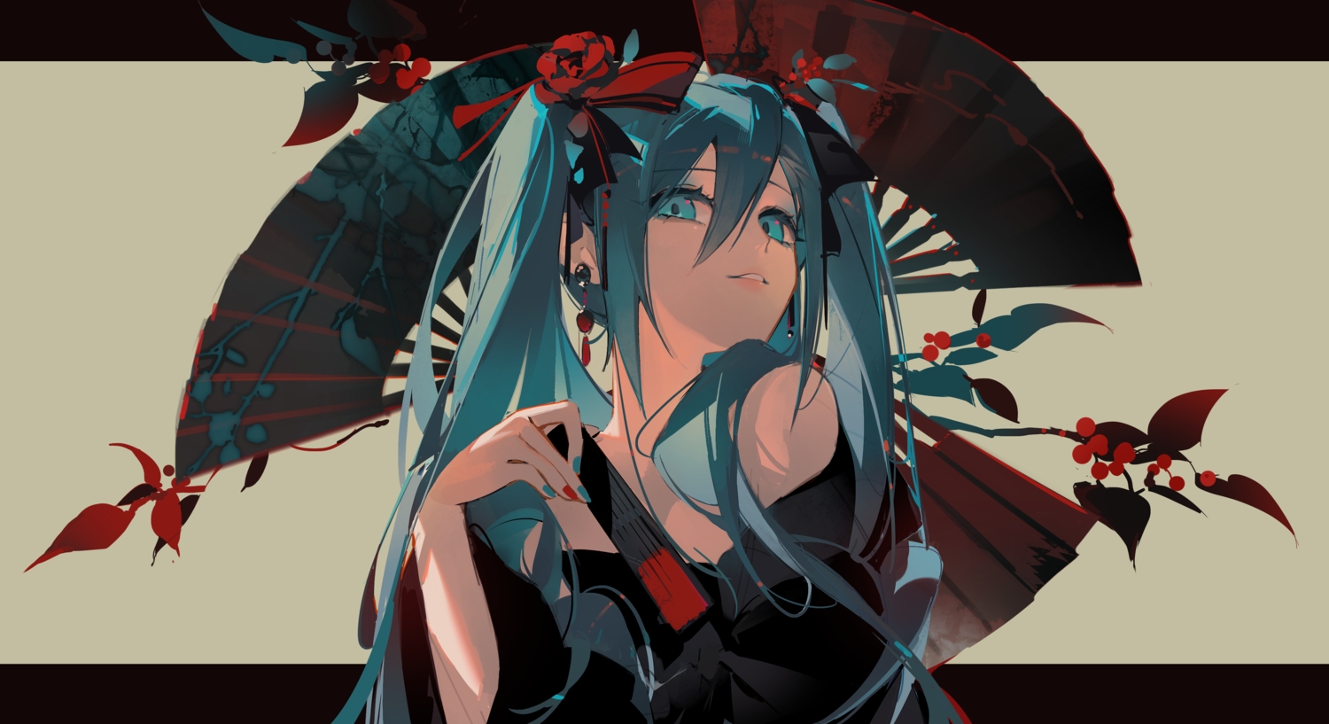 aqua_eyes, aqua_hair, bow, fan, flowers, hatsune_miku, japanese_clothes, kimono, long_hair, nyansky, polychromatic, twintails, vocaloid
