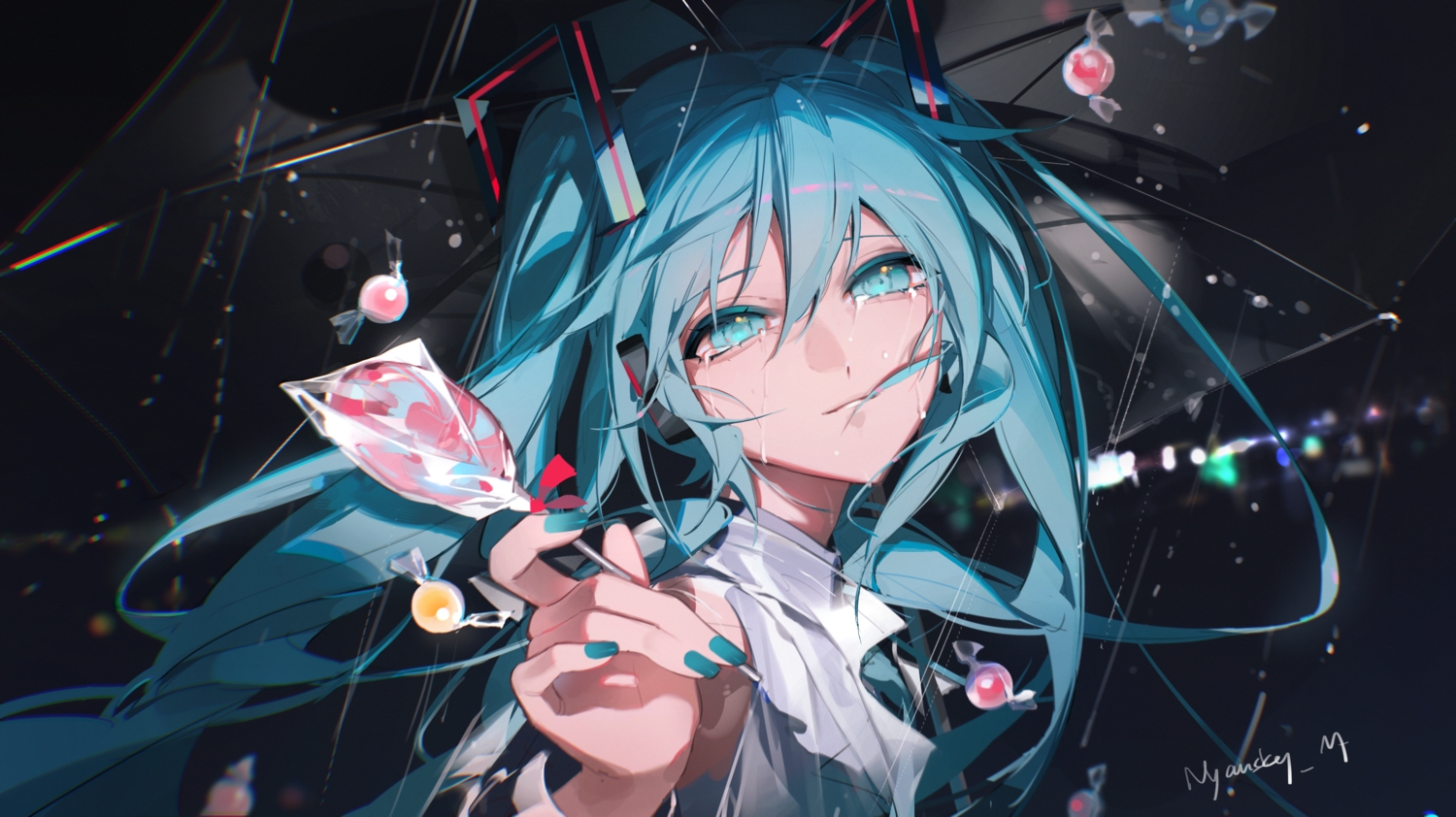 aqua_eyes, aqua_hair, candy, crying, hatsune_miku, lollipop, long_hair, night