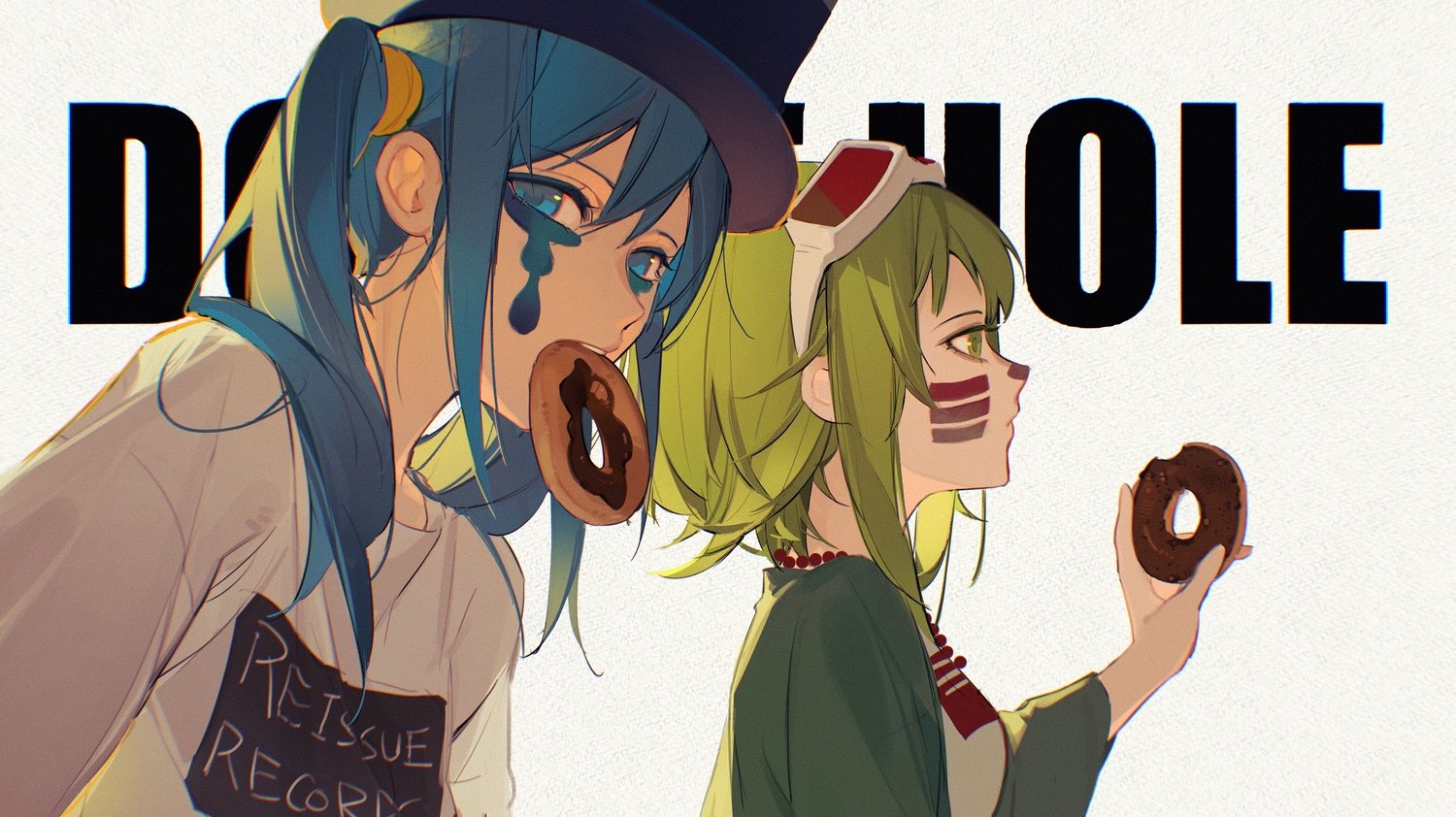 2girls, blue_eyes, blue_hair, close, donut_hole_(vocaloid), food, goggles, green_eyes