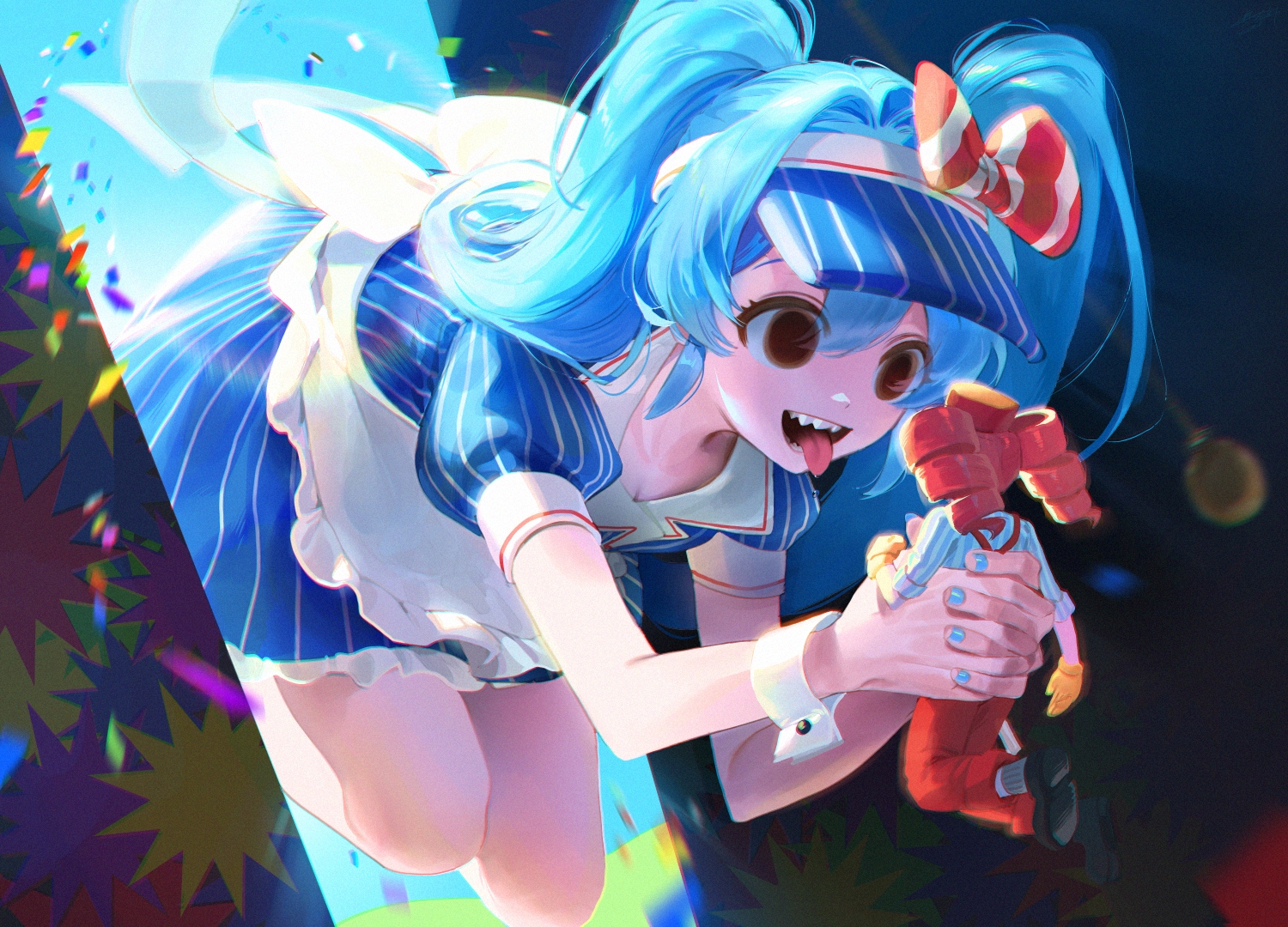 2girls, apron, aqua_hair, baekryang, black_eyes, bow, dress, fang, hat, hatsune_miku, kasane_teto, mesmerizer_(vocaloid), red_hair, synthesizer_v, twintails, vocaloid, waitress, wristwear