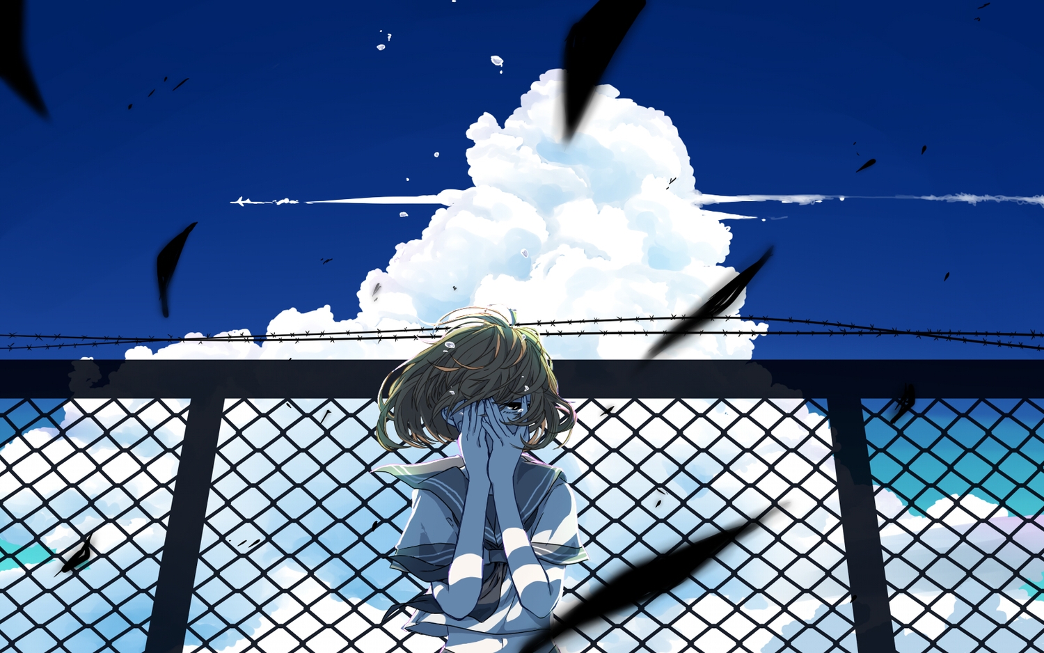 blue, clouds, crying, leaves, original, school_uniform, short_hair, sky