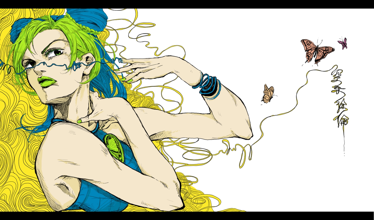 butterfly, close, green_eyes, jojo_no_kimyou_na_bouken, kuujou_jolyne, polychromatic, short_hair, sketch