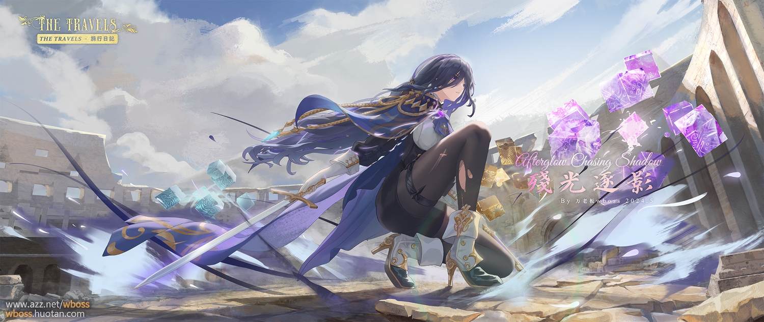 boots, clorinde_(genshin_impact), clouds, elbow_gloves, garter, genshin_impact, gloves, long_hair
