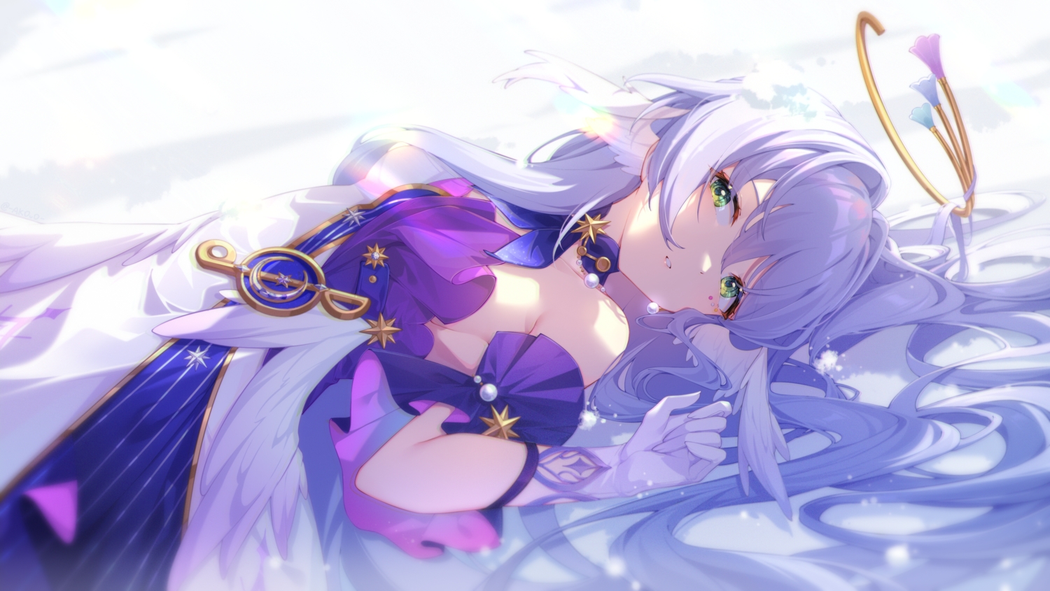 akovo, dress, gloves, green_eyes, halo, honkai_(series), honkai:_star_rail, long_hair, purple_hair, robin_(honkai:_star_rail), snow, wings