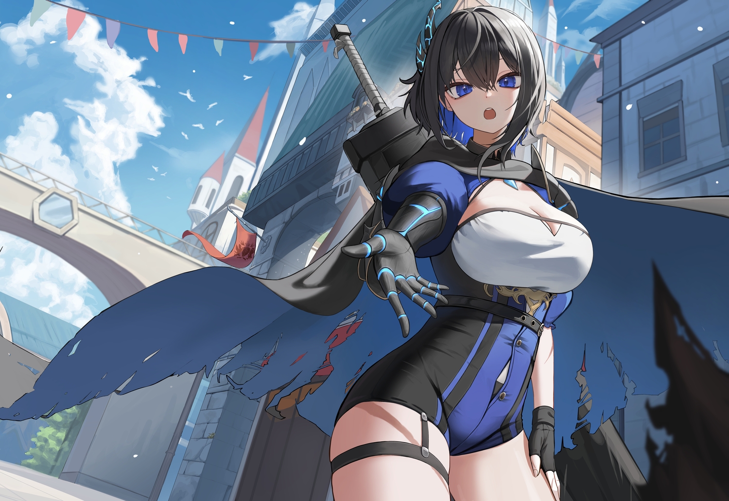 black_hair, blue_eyes, breasts, building, cape, city, cleavage, clouds