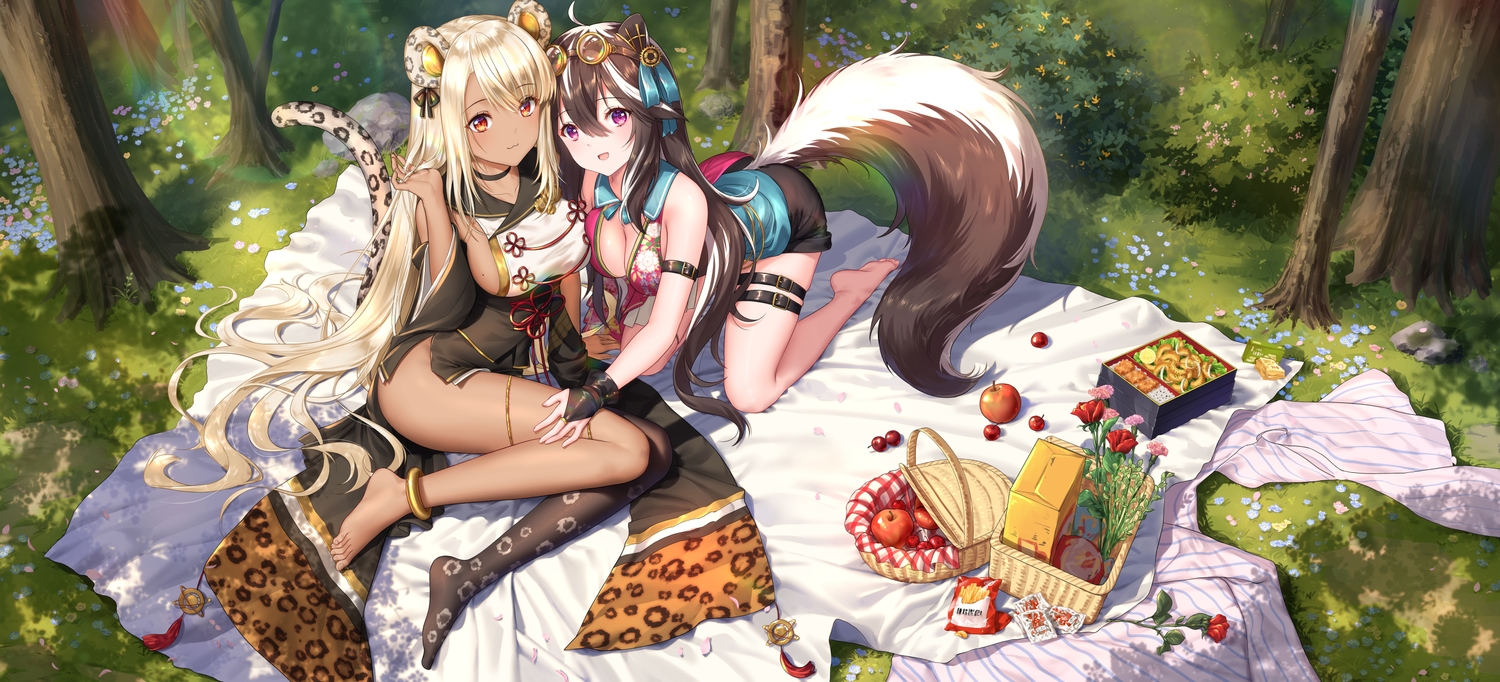 2girls, animal_ears, animistic, apple, barefoot, blonde_hair, bow, breasts