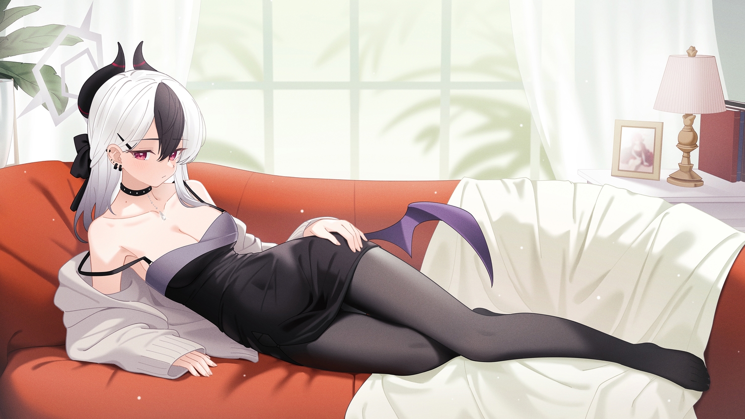 blue_archive, blush, book, bow, breasts, choker, cleavage, couch
