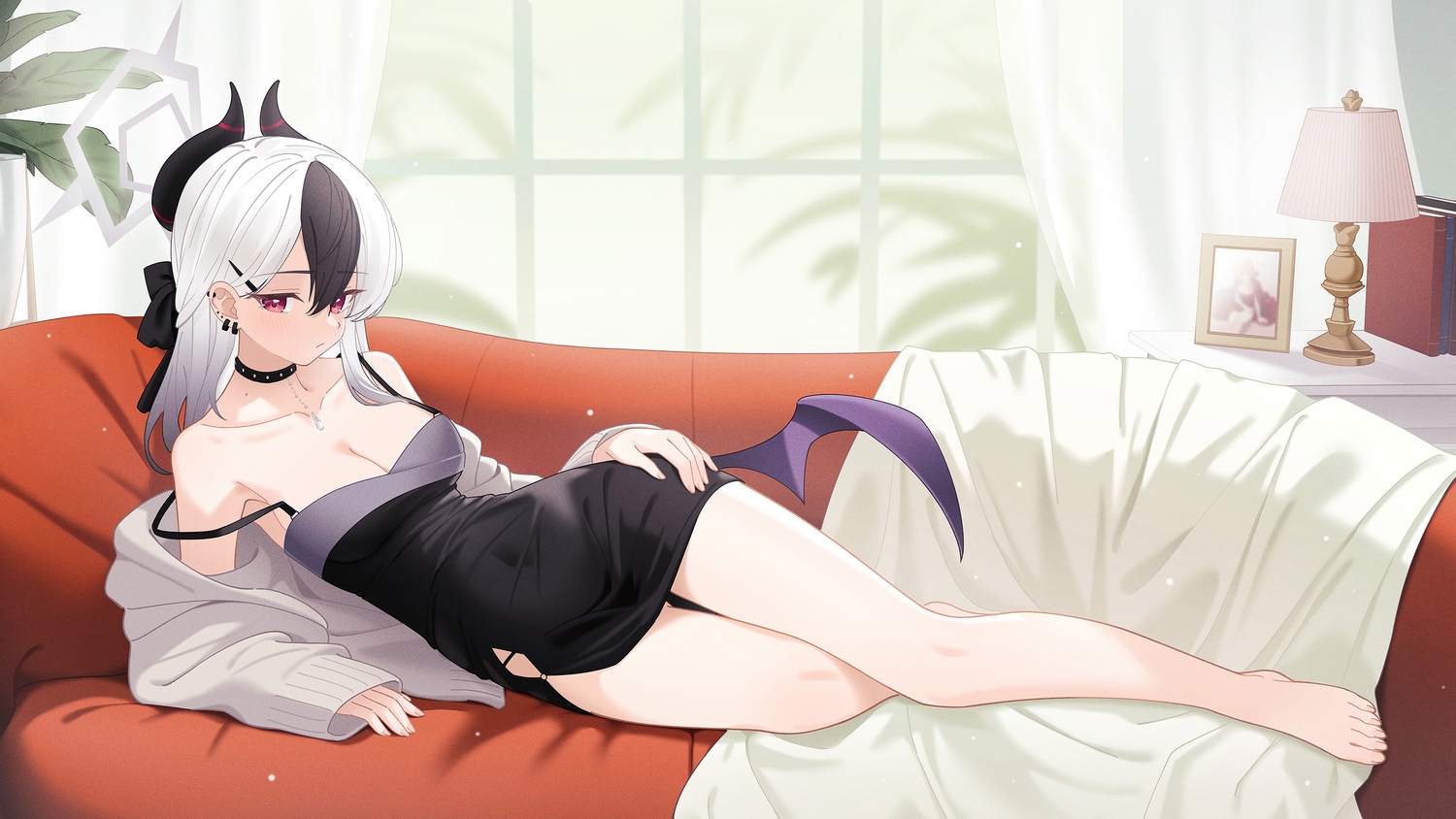 barefoot, blue_archive, blush, book, bow, breasts, choker, cleavage
