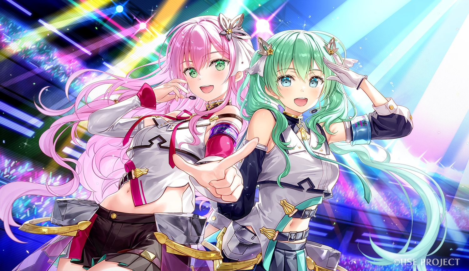 2girls, blue_eyes, blush, bow, fujima_takuya, gloves, green_eyes, green_hair