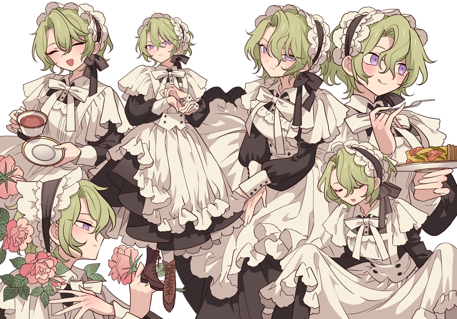 apron, blush, boots, bow, dress, drink, ensemble_stars!, flowers, food, green_hair, headdress, lolita_fashion, maid, meremero, purple_eyes, ribbons, short_hair, tomoe_hiyori, white