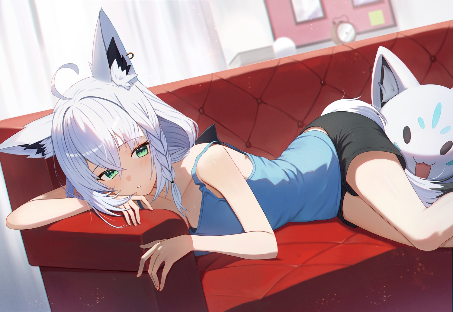 animal_ears, blush, bow, braids, breasts, cleavage, couch, foxgirl