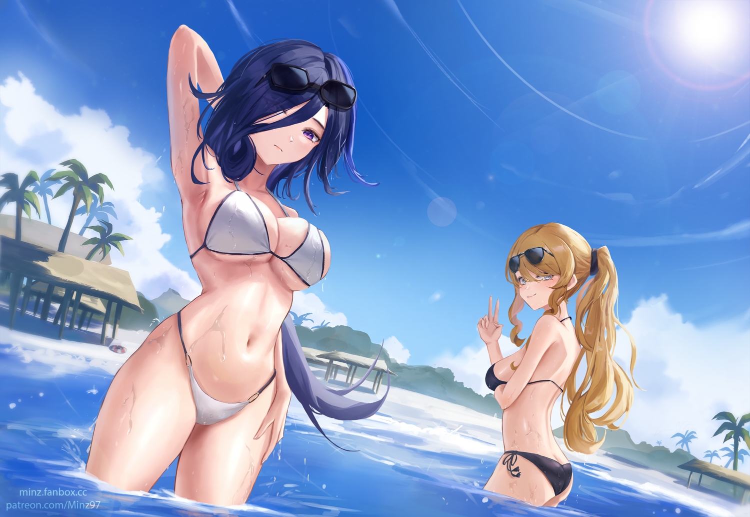2girls, ass, beach, bikini, blonde_hair, blue_hair, breast_hold, breasts