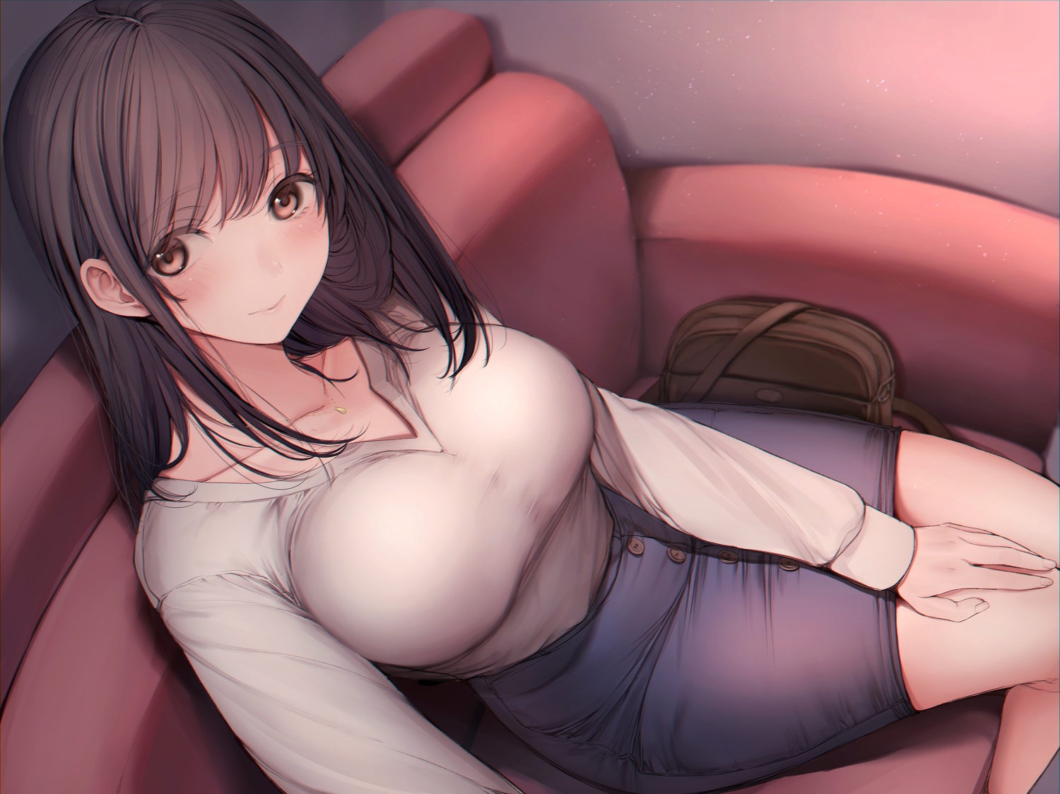 amane_ruri, blush, breasts, brown_eyes, brown_hair, couch, necklace, original