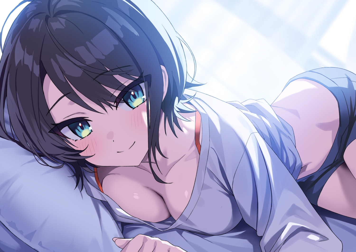 aqua_eyes, bed, black_hair, blush, breasts, cleavage, close, hololive