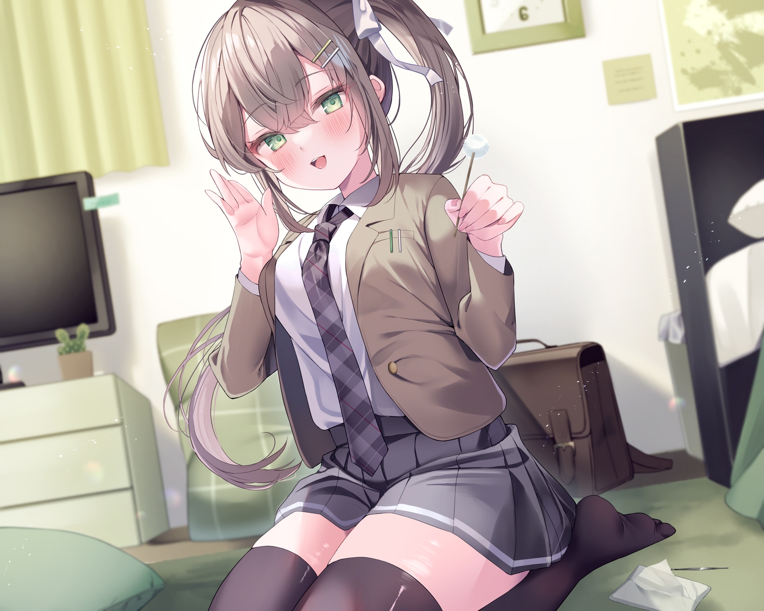 bed, blush, bow, brown_hair, ebihara_beniko, green_eyes, long_hair, original