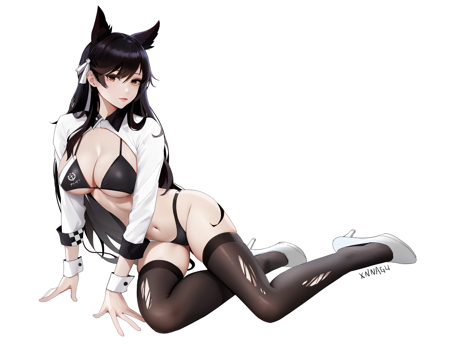animal_ears, anthropomorphism, atago_(azur_lane), azur_lane, bikini, black_hair, bow, breasts
