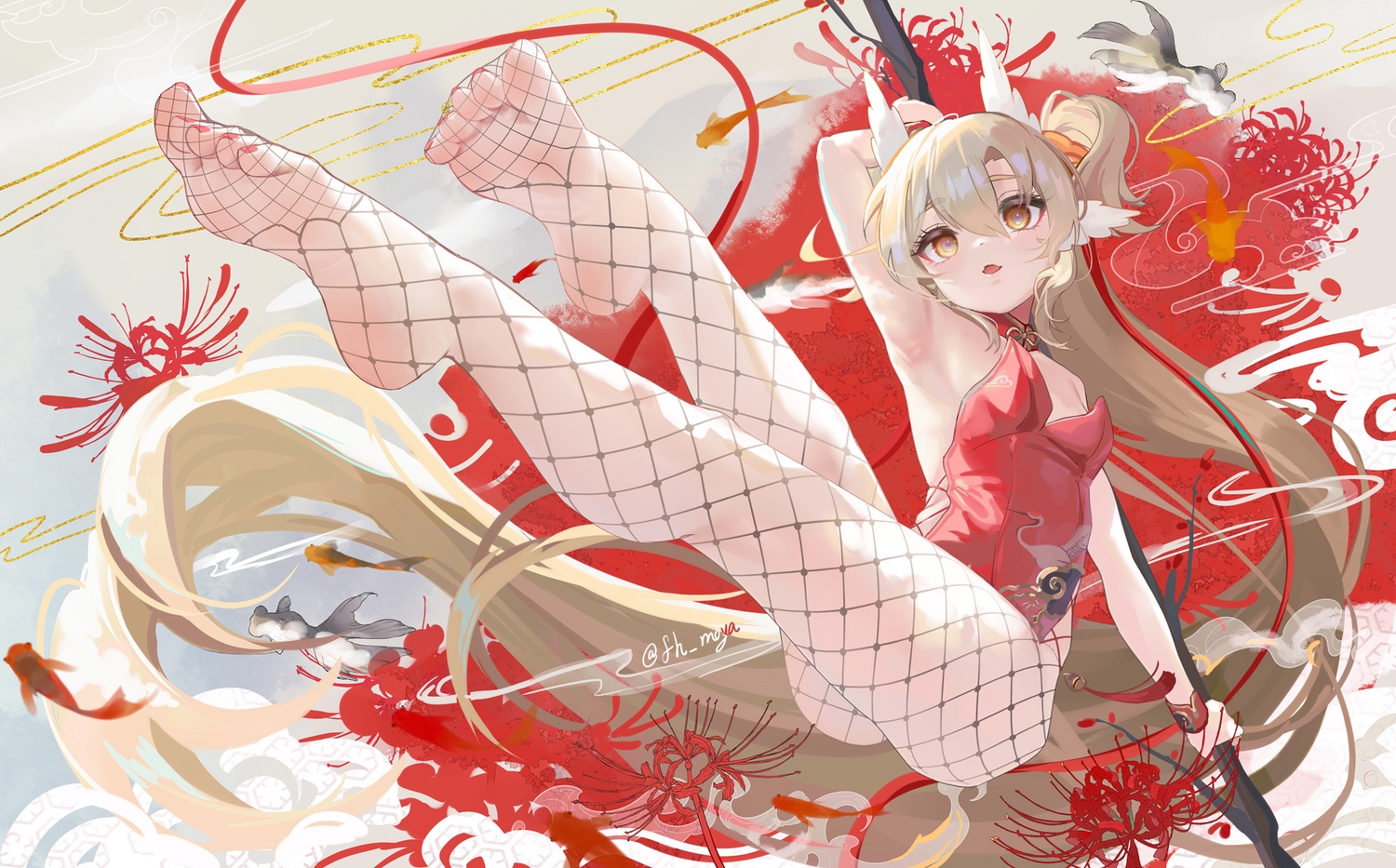 animal, animal_ears, brown_eyes, brown_hair, chinese_clothes, fh_moya, fish, flowers, leotard, loli, long_hair, original, ribbons, signed, staff, stockings, twintails, wristwear