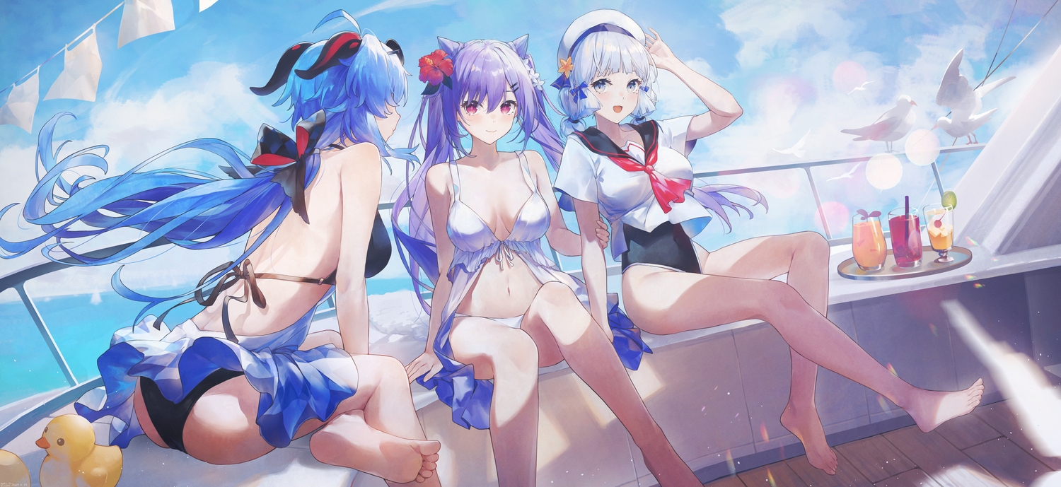 animal, ass, barefoot, bikini, bird, blue_eyes, blue_hair, boat
