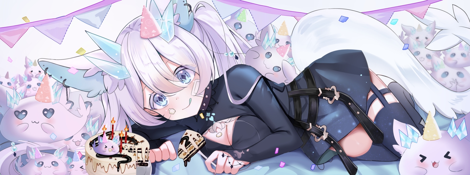 animal_ears, bandaid, blue_eyes, blush, breasts, cake, choker, cleavage, dress, eden_(vtuber), food, garter, hat, horns, indie_virtual_youtuber, long_hair, rinringyo, tail, thighhighs, twintails, white_hair, zettai_ryouiki