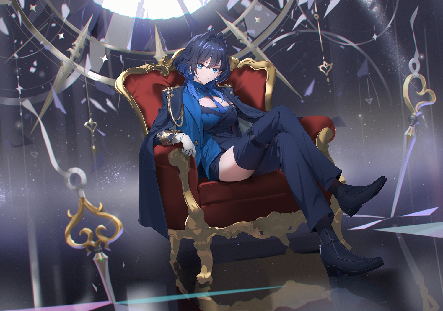 blue_eyes, blue_hair, cape, gloves, hololive, ouro_kronii, reflection, suit