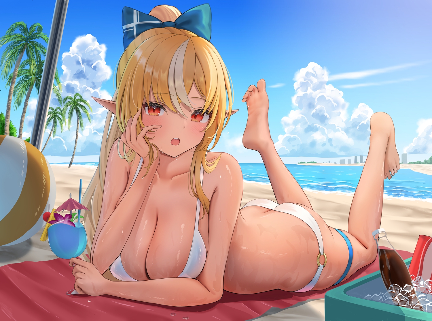 ass, ball, barefoot, beach, bikini, blonde_hair, blush, bow, breasts, cleavage, clouds, drink, garter, hololive, long_hair, pointed_ears, ponytail, p-tomi, red_eyes, shade, shiranui_flare, sky, swimsuit, tree, water