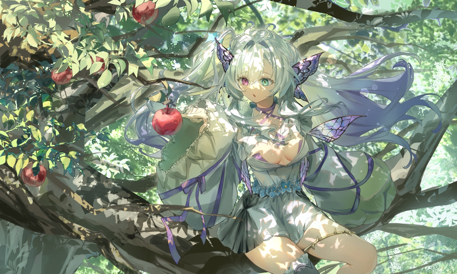 apple, bicolored_eyes, bow, breasts, dress, food, fruit, garter