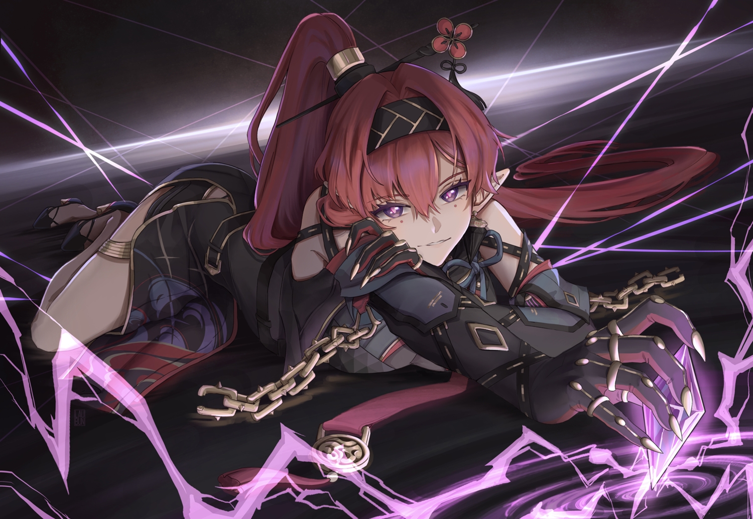 chain, close, dress, elbow_gloves, gloves, headband, laubun, long_hair, magic, pointed_ears, ponytail, purple_eyes, red_hair, wuthering_waves, yinlin_(wuthering_waves)