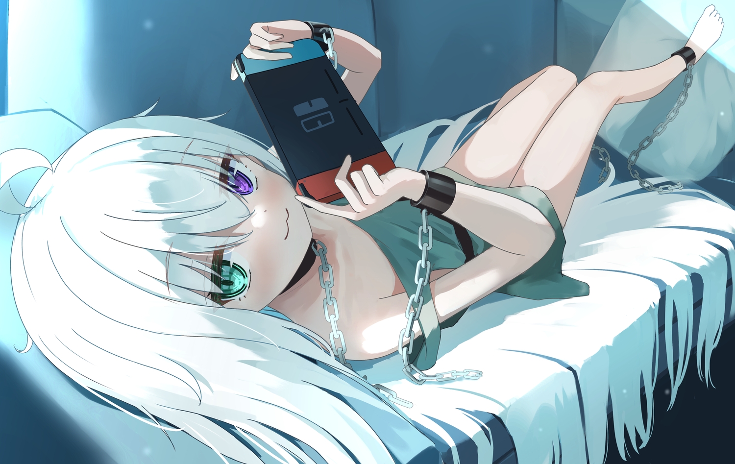 barefoot, bed, bicolored_eyes, cat_smile, chain, close, collar, cpk_prd, dress, flat_chest, game_console, loli, long_hair, no_bra, original, shackles, white_hair, wristwear