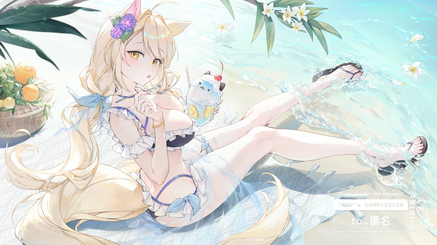 animal_ears, ass, beach, bikini, blonde_hair, blush, bow, breasts, chap_sal_!, cherry, cleavage, flowers, food, fruit, leaves, long_hair, original, petals, see_through, skirt, swimsuit, tail, water, watermark, wristwear, yellow_eyes