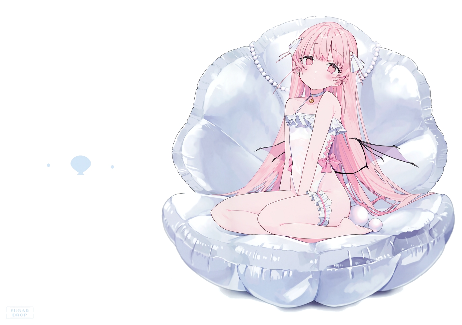 barefoot, blush, bow, choker, flat_chest, garter, koyubita, loli, long_hair, navel, original, pink_eyes, pink_hair, ribbons, scan, see_through, swimsuit, white, wings