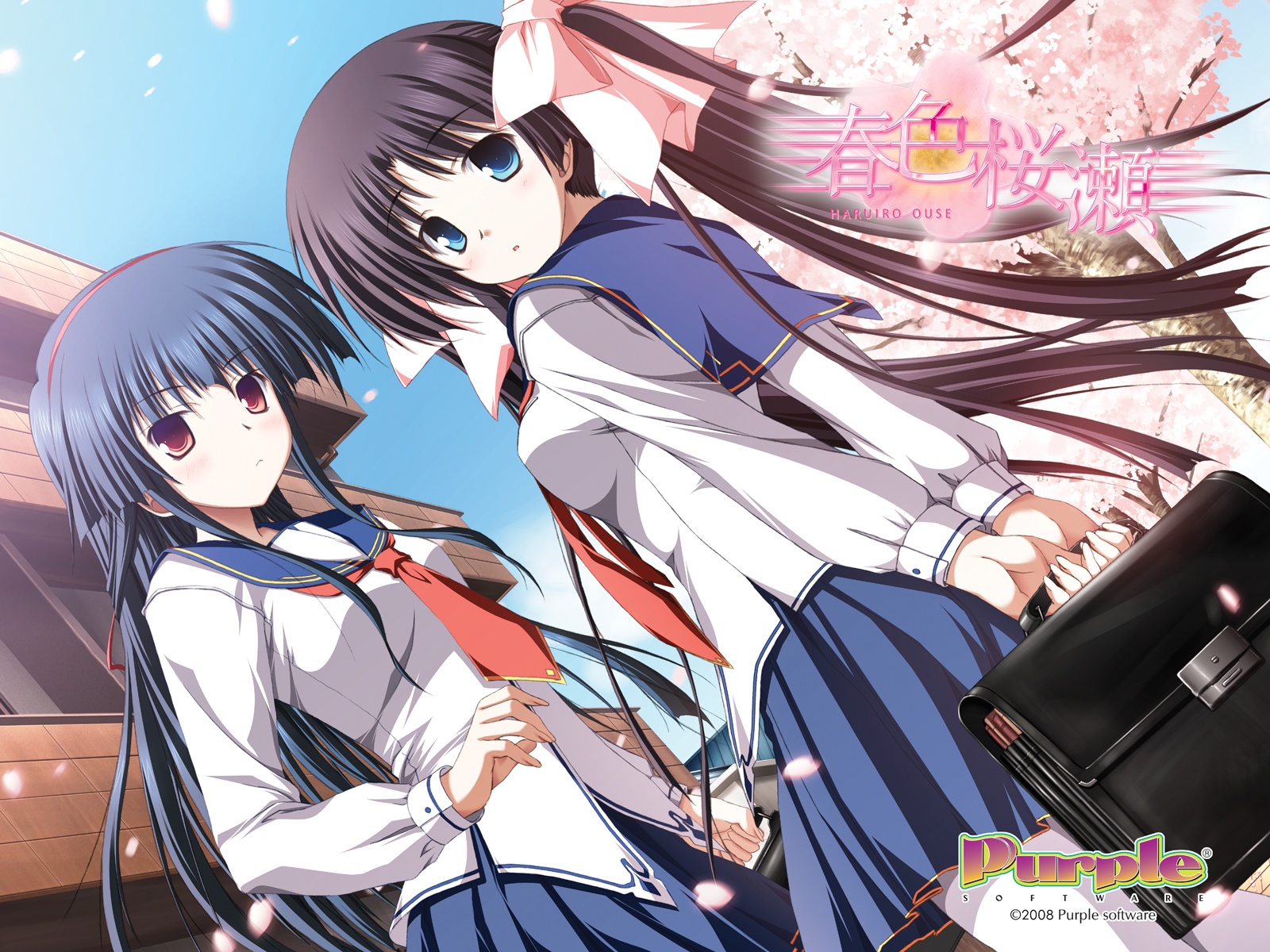 aizawa_nadeshiko, aqua_eyes, blue_hair, brown_hair, cherry_blossoms, flowers, haruiro_ouse, long_hair, purple_software, red_eyes, sakuragi_konoha, school_uniform, skirt, thighhighs, tsukimori_hiro