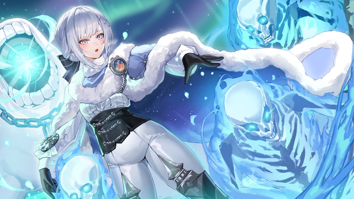 akershus_fortress_(oshiro_project), armor, blue_eyes, blush, bones, bow, cape, corset