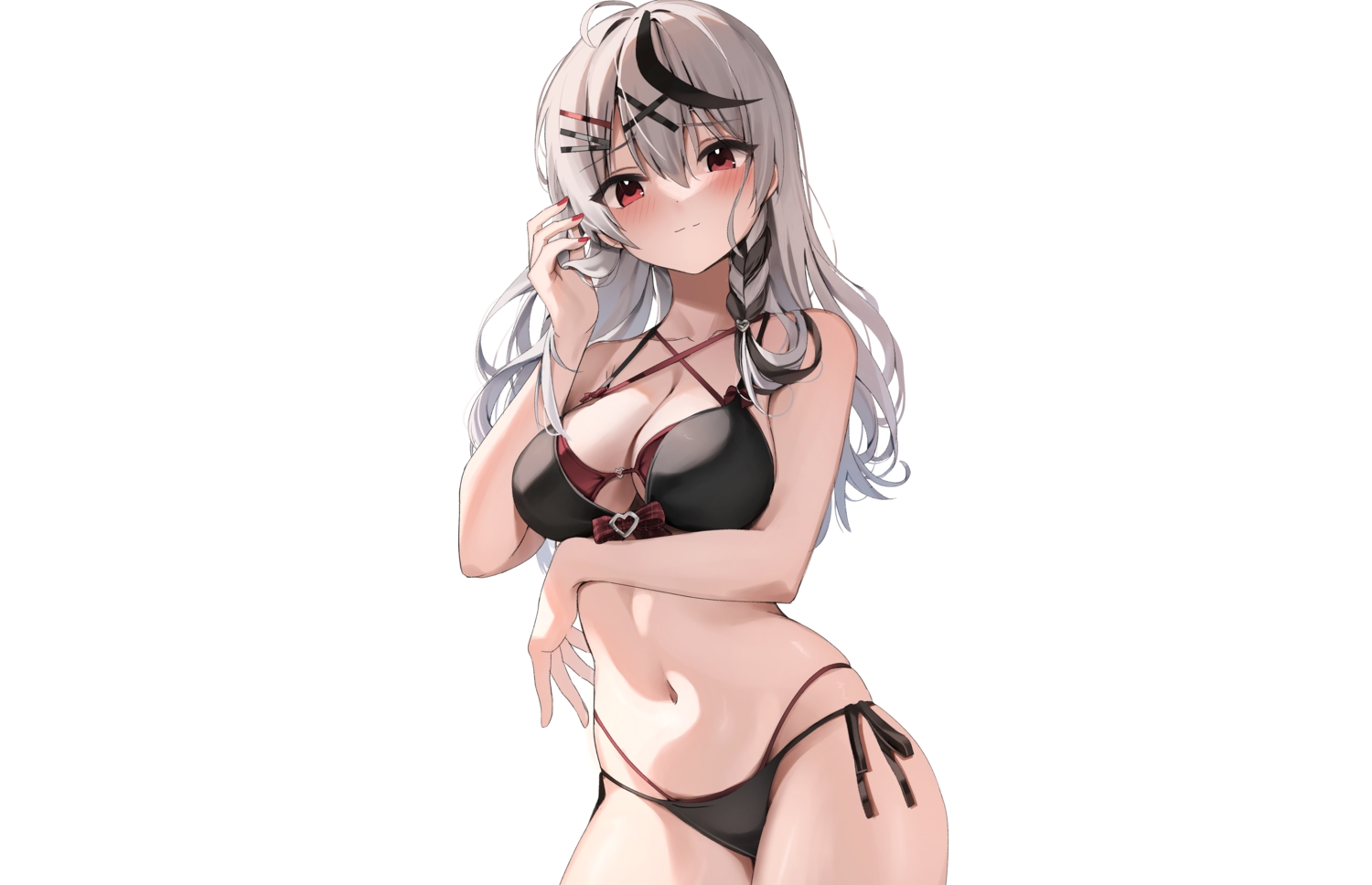bikini, blush, bow, braids, breast_hold, breasts, cleavage, gray_hair, hololive, long_hair, navel, red_eyes, sakamata_chloe, scarlet_(wv0102), swimsuit, third-party_edit, white