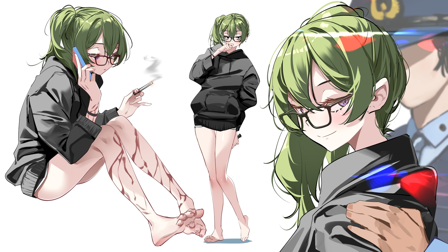 barefoot, blood, cigarette, glasses, green_hair, hood, phone, police