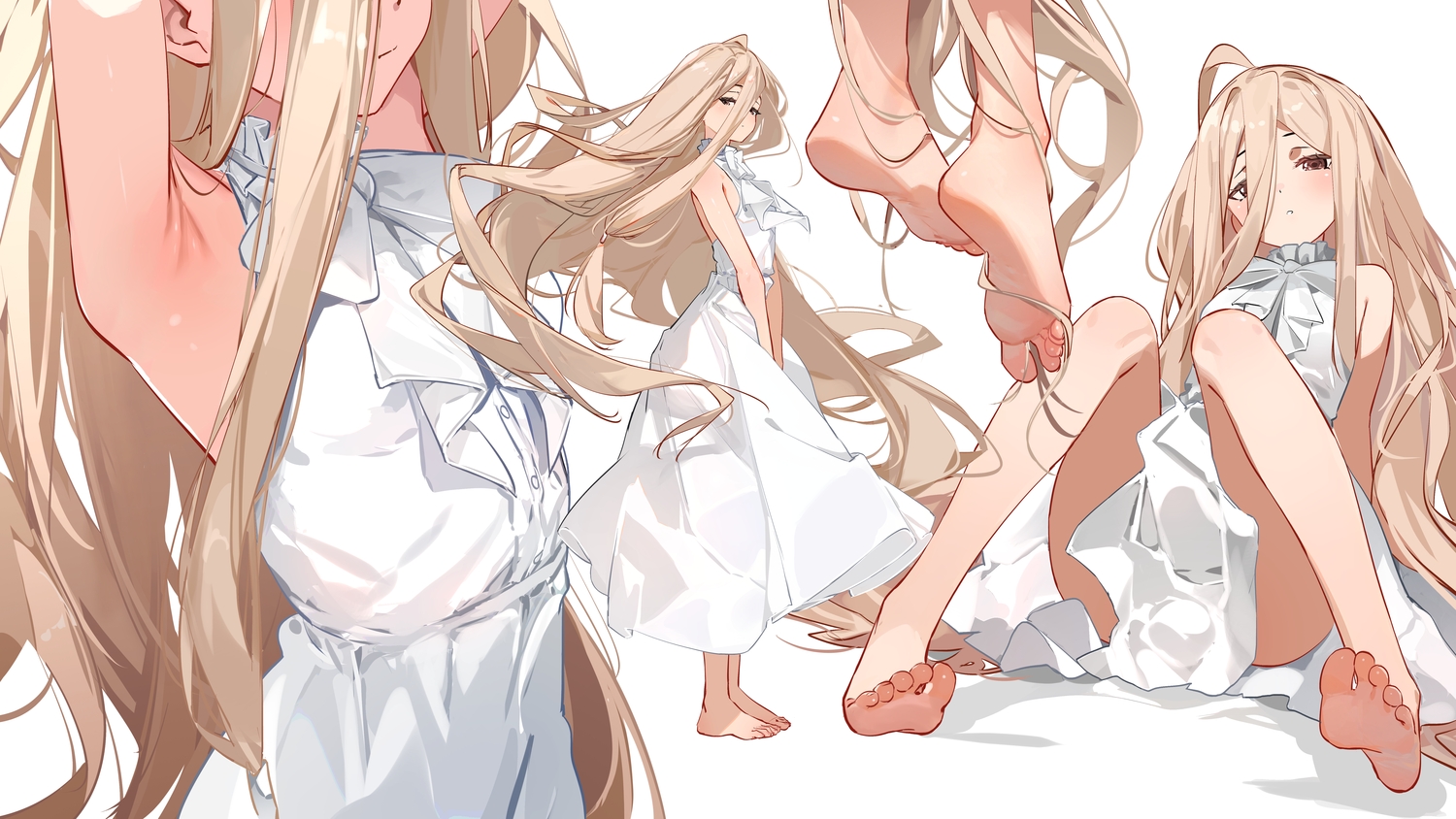 barefoot, brown_eyes, brown_hair, close, dress, long_hair, sense_(sousou_no_frieren), sousou_no_frieren, summer_dress, sydus, white