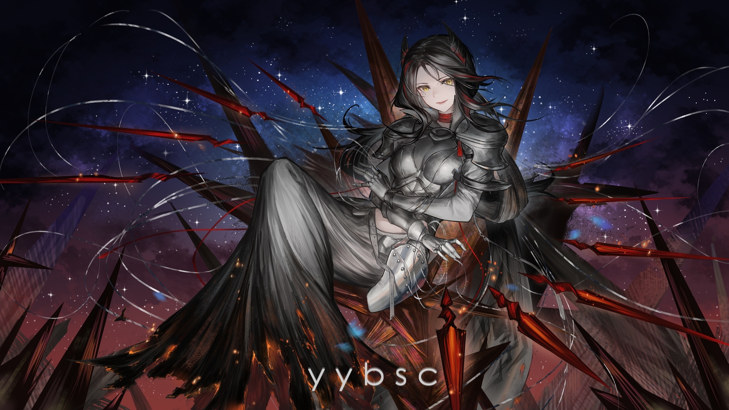 arknights, armor, black_hair, choker, dress, fire, horns, ines_(arknights), long_hair, magic, sky, stars, torn_clothes, weapon, yellow_eyes, yiyanbanshengchou