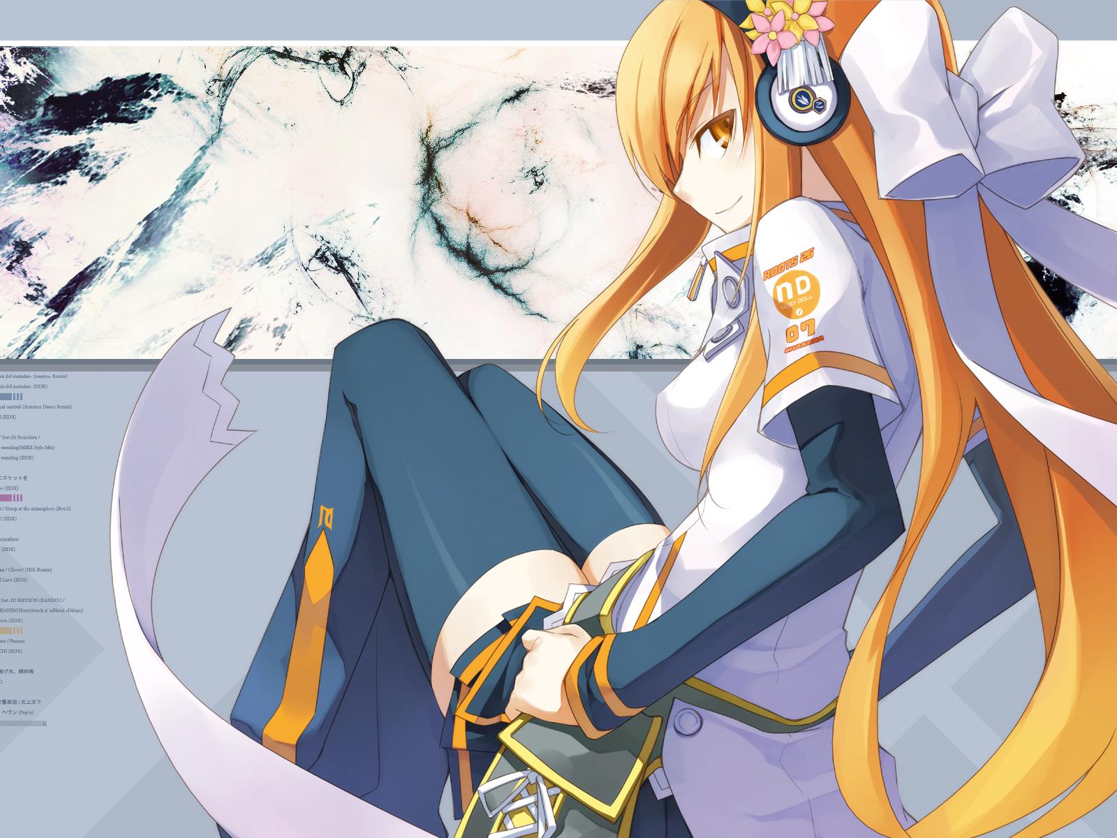 beatmania, beatmania_iidx, blonde_hair, bow, diverse_system, headphones, long_hair, shingo_(missing_link)