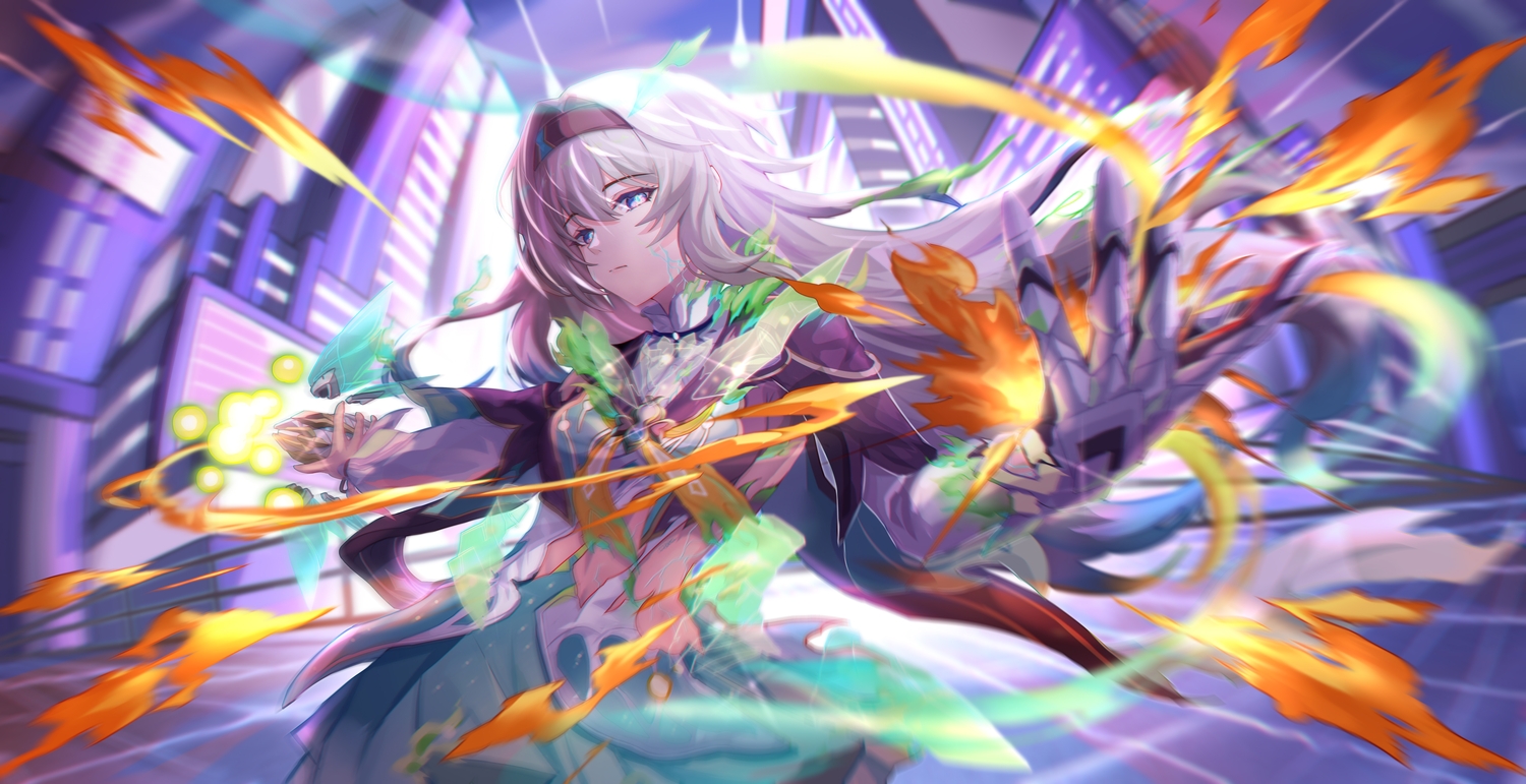 building, bupa_chila, city, close, dress, fire, firefly_(honkai:_star_rail), gloves