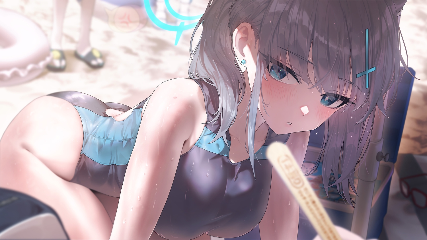 animal_ears, aqua_eyes, ass, blue_archive, blush, breasts, close, gray_hair, halo, popsicle, shade, sunaookami_shiroko, sushispin, swim_ring, swimsuit, wolfgirl