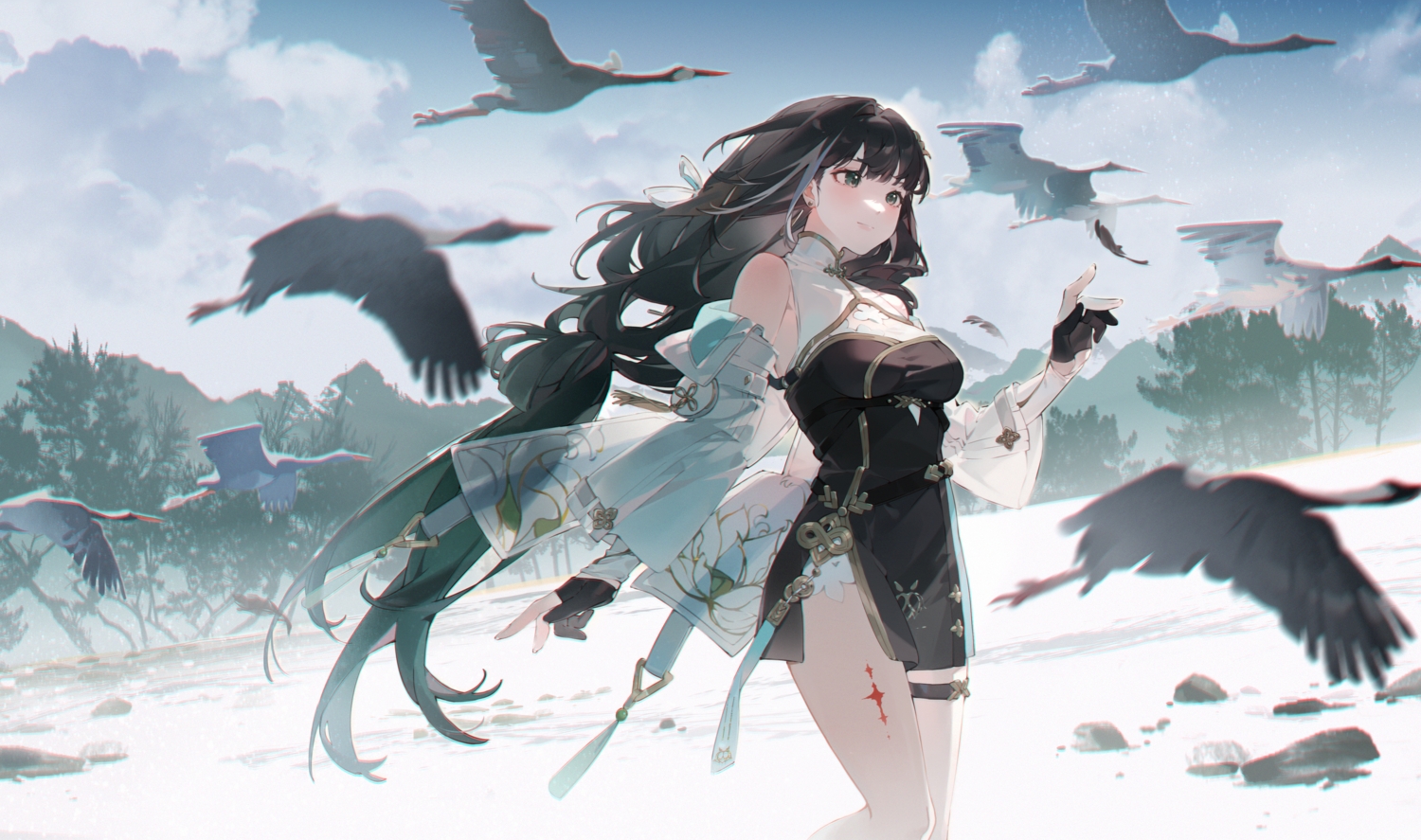 animal, baizhi_(wuthering_waves), bird, black_hair, chinese_clothes, chinese_dress, clouds, dress, garter, geyegua, gloves, green_eyes, long_hair, sky, tattoo, tree, water, wuthering_waves