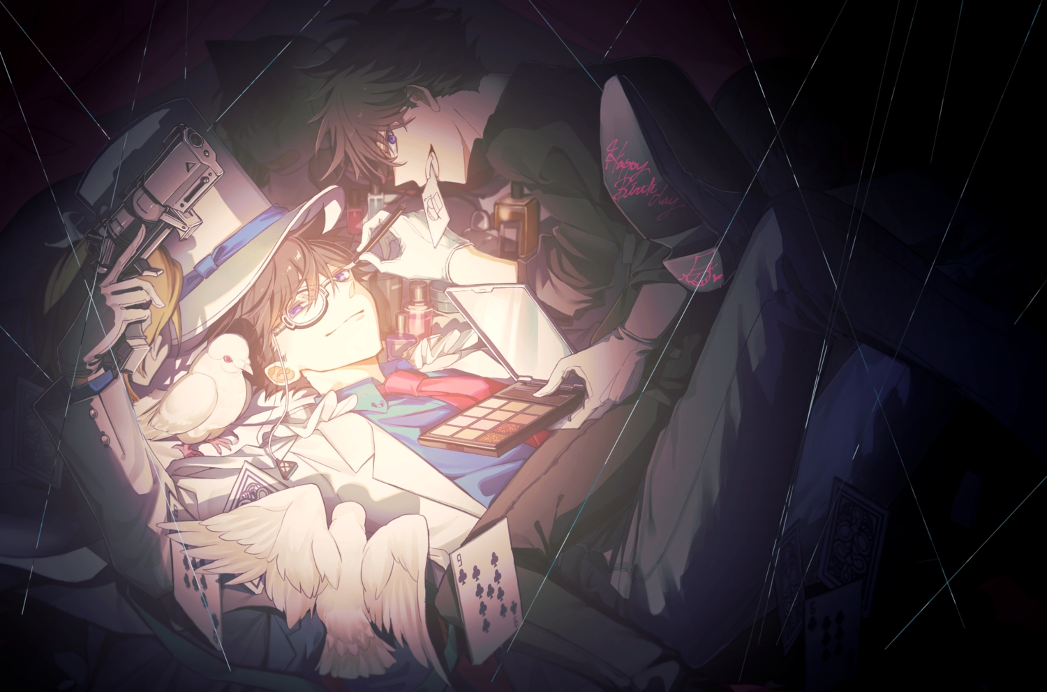 all_male, animal, bird, black_hair, detective_conan, fang, glasses, gloves