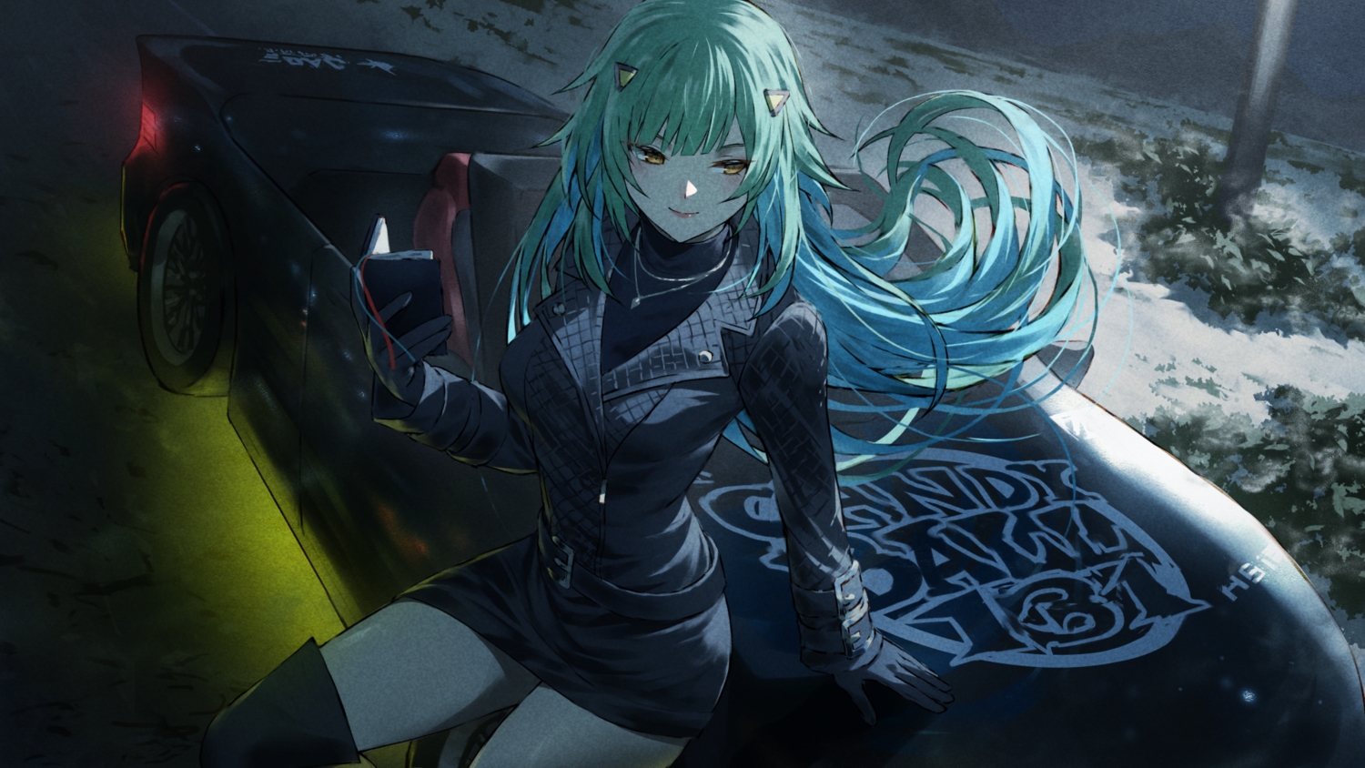 book, boots, car, dress, fagi_(kakikaki), gloves, green_hair, kitakouji_hisui, long_hair, necklace, night, nijisanji, thighhighs, yellow_eyes