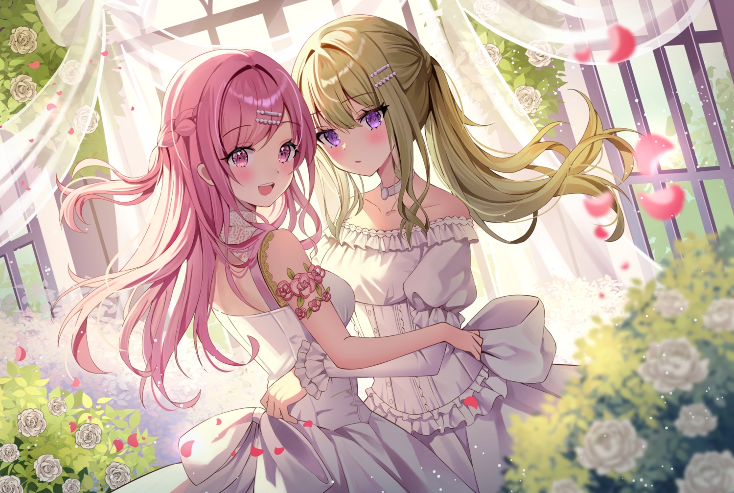 2girls, blush, bow, braids, choker, flowers, gin_(gin937), green_hair