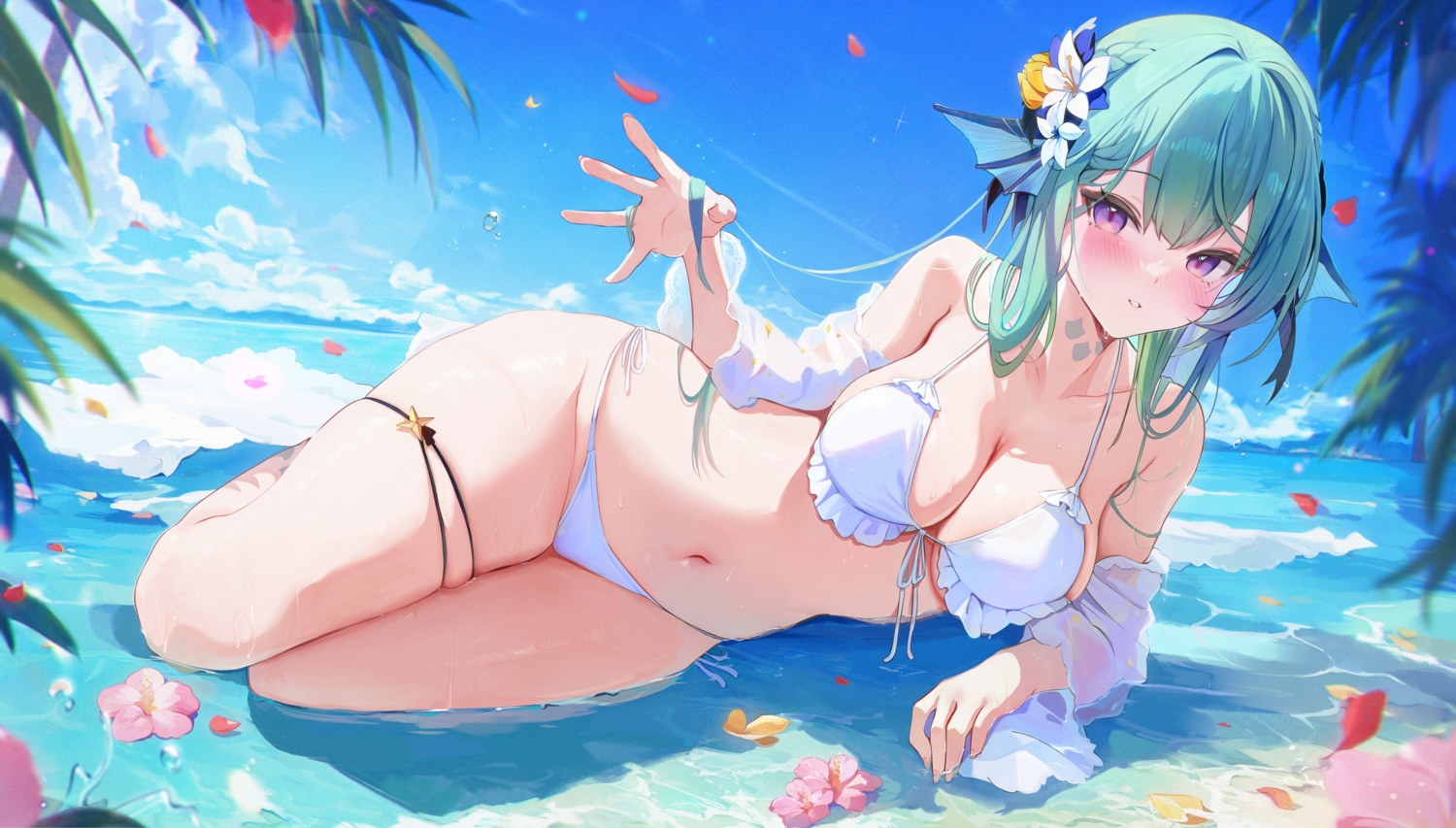 animal_ears, beach, bikini, blush, braids, breasts, cleavage, clouds, finana_ryugu, flowers, garter, green_hair, koahri, long_hair, navel, nijisanji, petals, purple_eyes, see_through, sky, swimsuit, tree, water