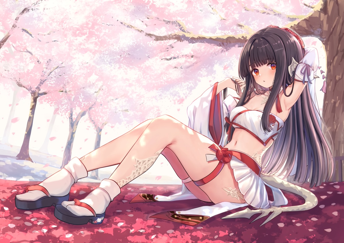 au_ra, black_hair, cherry_blossoms, final_fantasy, final_fantasy_xiv, flowers, garter, japanese_clothes