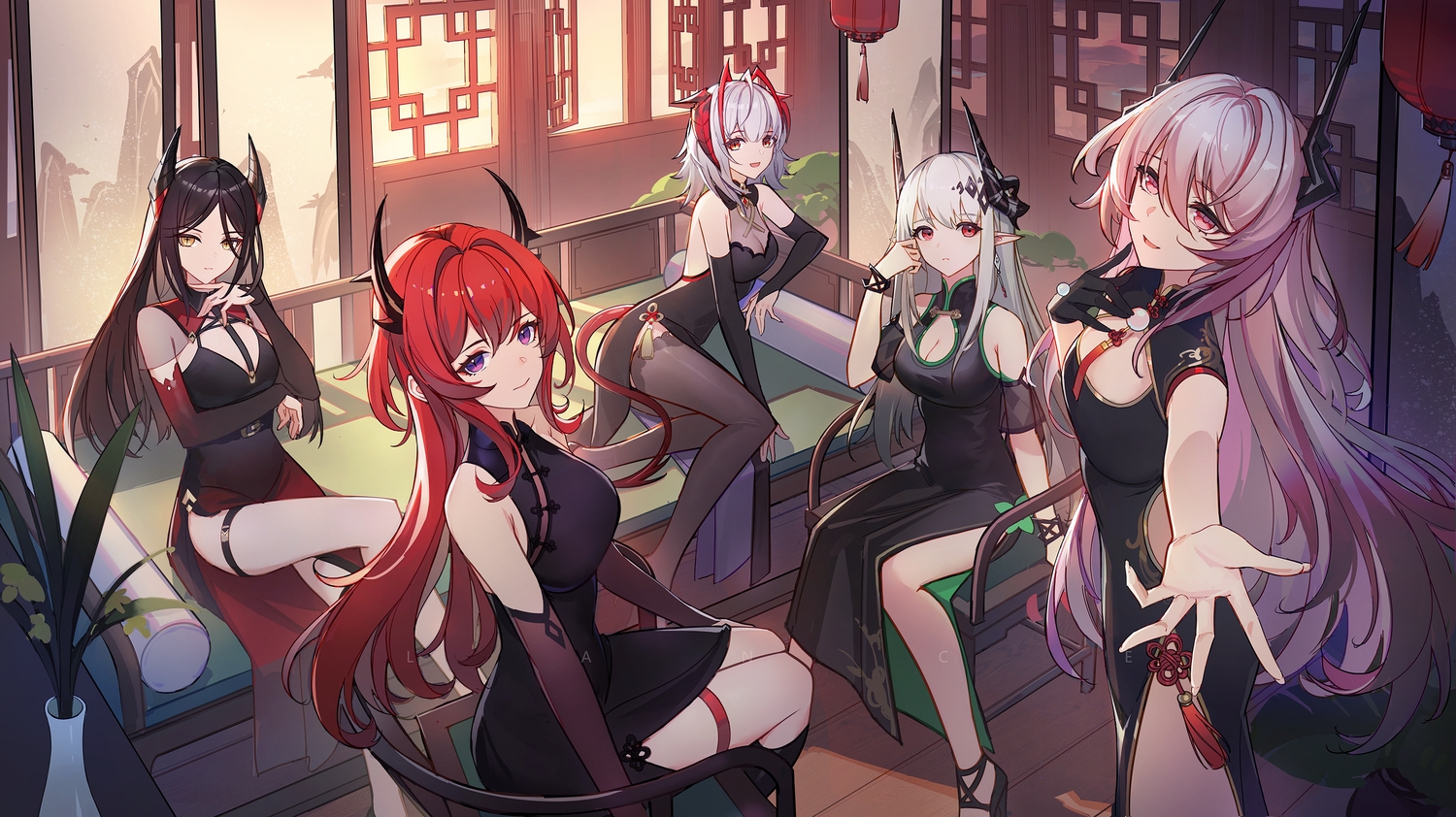 arknights, black_hair, breast_hold, breasts, chinese_clothes, chinese_dress, cleavage, dress